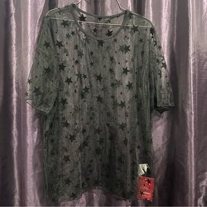 NEW Versusa black short sleeve sheer star blouse Sz L.